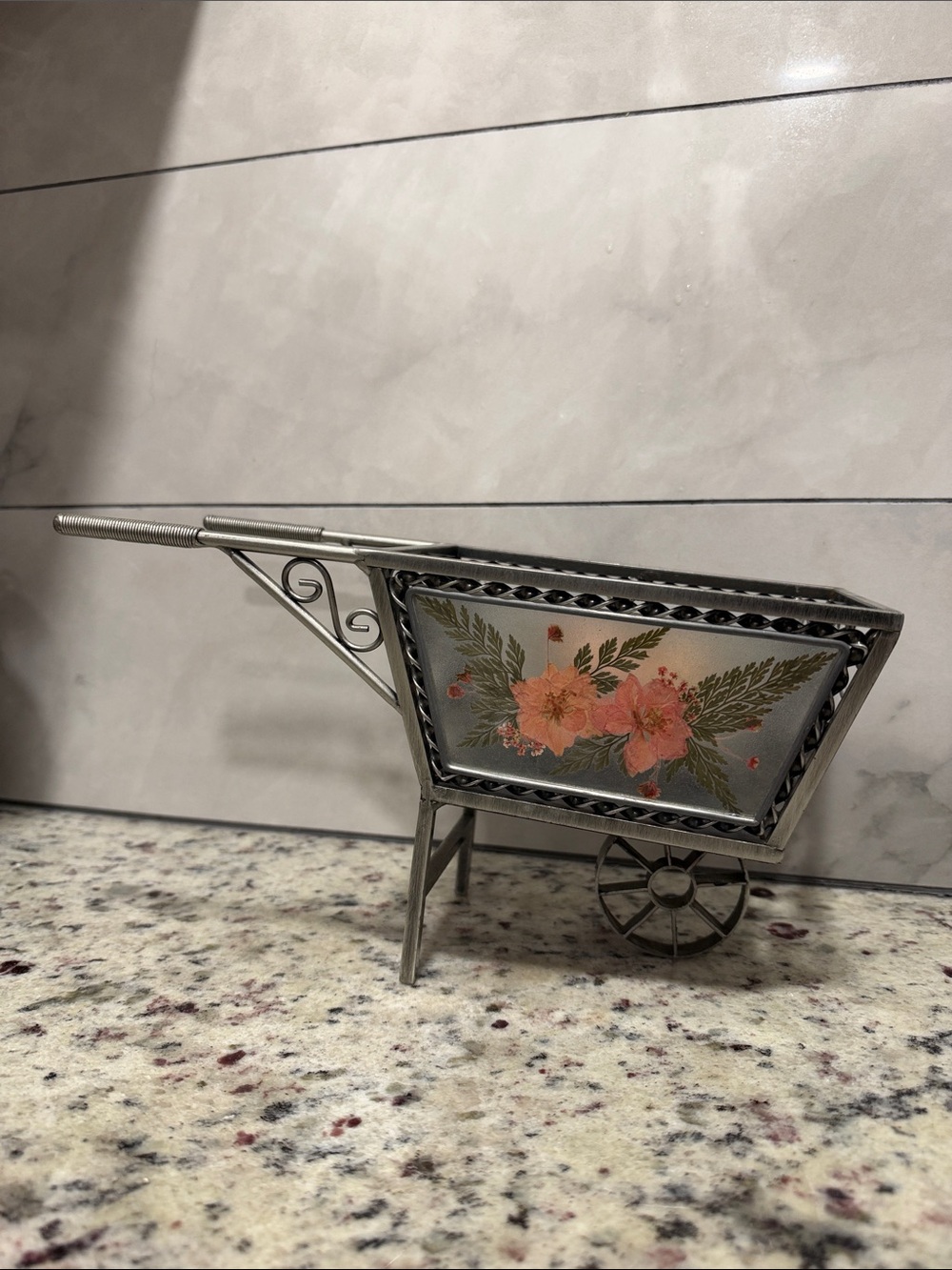 Decorative Metal Wheelbarrow with Floral Glass Panel - Metal